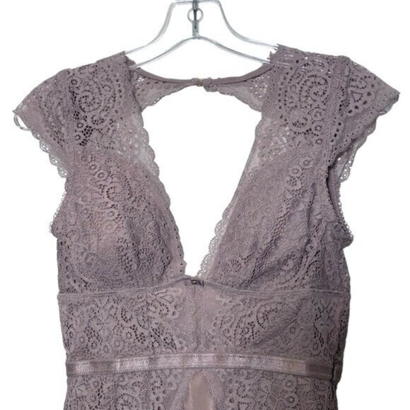 Sophie B Women's S Lace Mesh Bodysuit Cap Sleeve Mauve 307427 V Neck Open Back - Picture 3 of 8